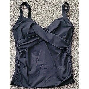 Lands' End Swim Top Black 14 D Wrap Front Tankini (L) Solid Removable Pads S503